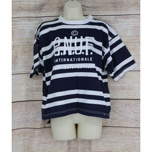 VINTAGE Enuf Womens Size Large Crew Neck Oversize Striped T-Shirt Navy Blue